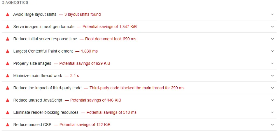 PageSpeed Insights diagnostics for developers.google.com, listing performance improvement suggestions