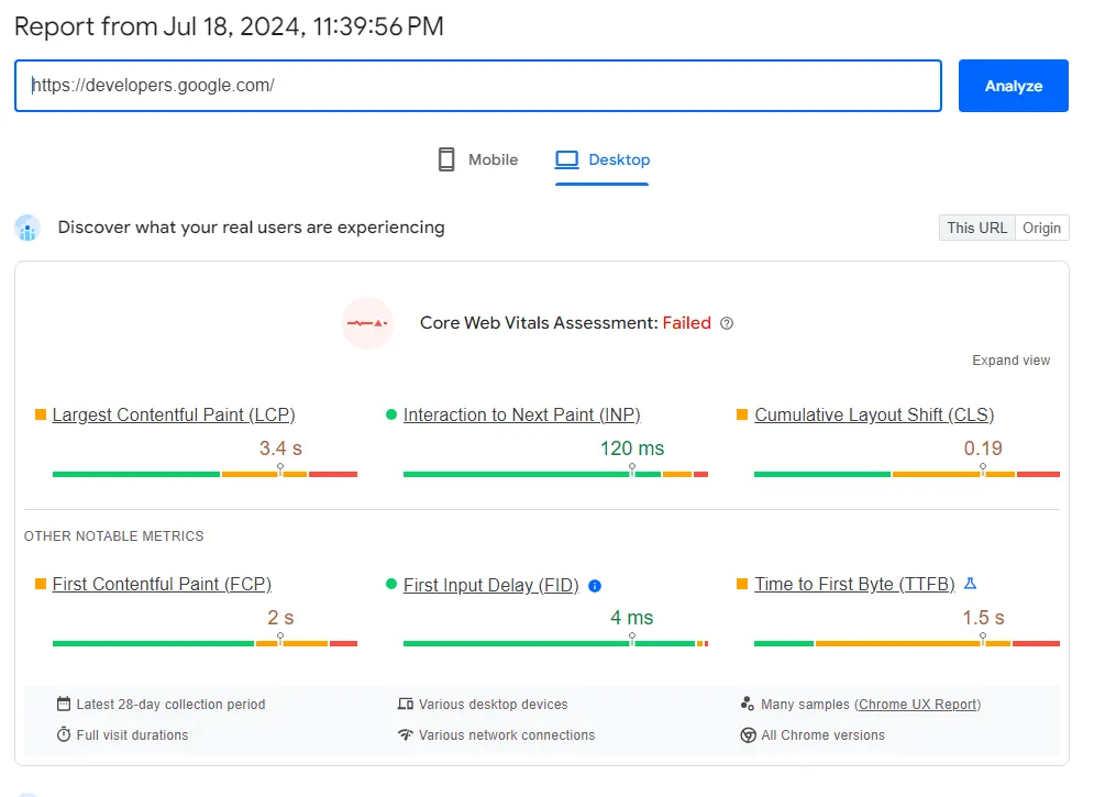 PageSpeed Insights report for developers.google.com